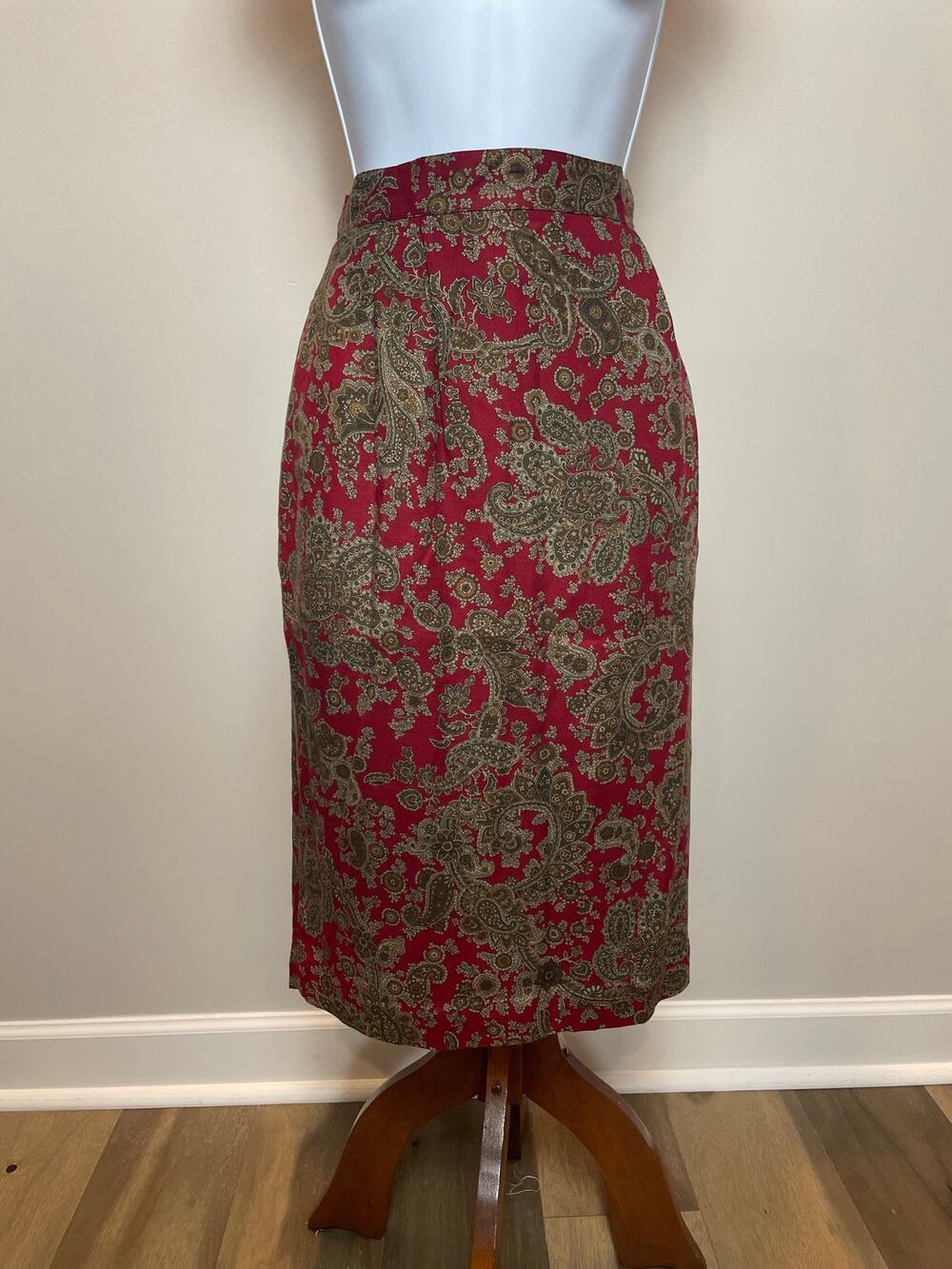 Talbots Red Paisley Wool Blend High Rise Pencil Skirt Satin Lined Size 12